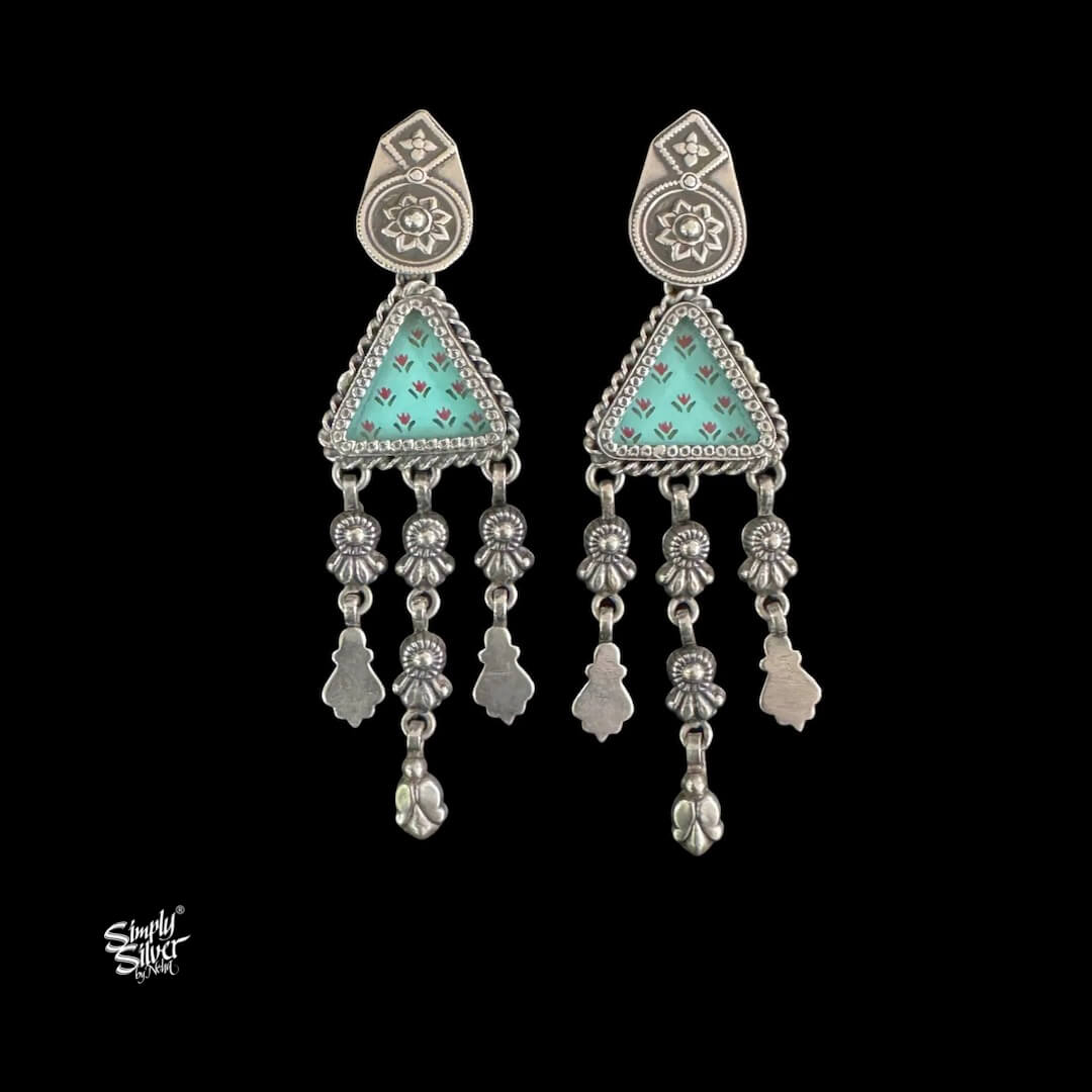 Silver Flower with Triangle Aqua Color Hand Painted Glass & Danglers-1