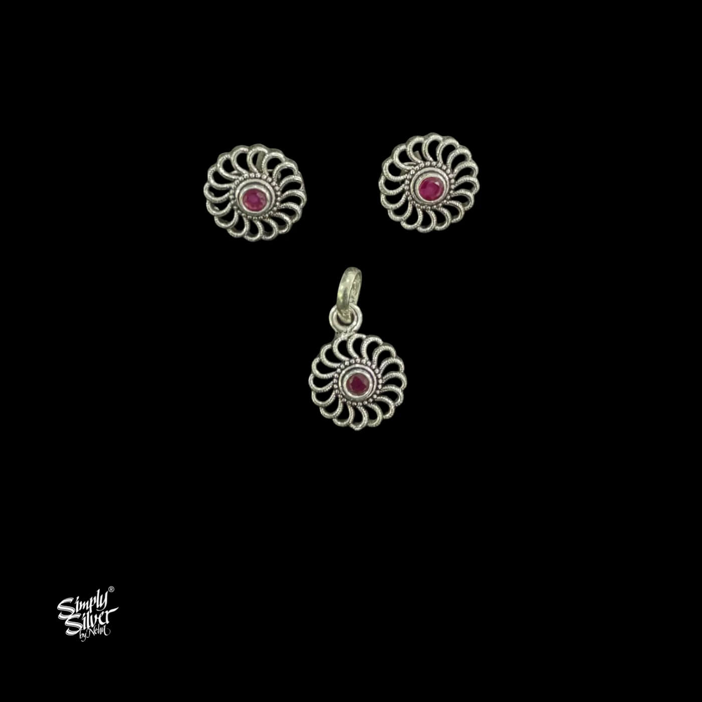 Silver jaali Flower Pendant & Earrings Studs Set with Red Stone-1