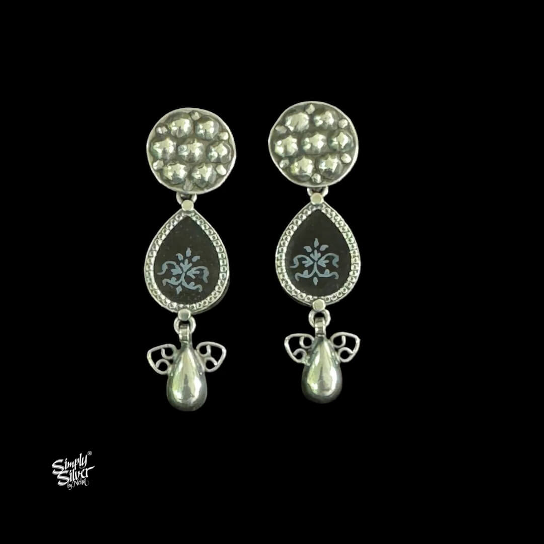Silver Flower with Black Color Hand Painted Glass & Dangler-1