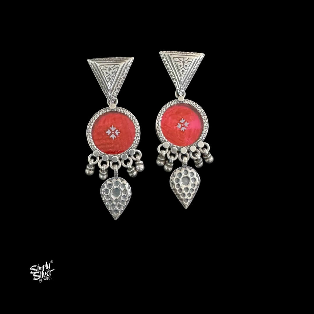 Silver Triangle Flower with Rust Red Color Hand Painted Glass & Danglers-1