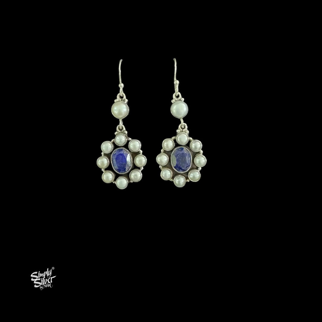 Silver Pearls Flower With Centre Real Lapis Lazuli Stone-1