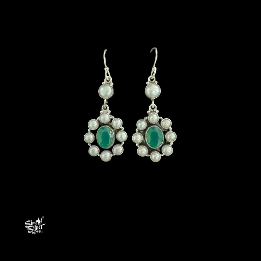 Silver Pearls Flower With Centre Green Stone-1