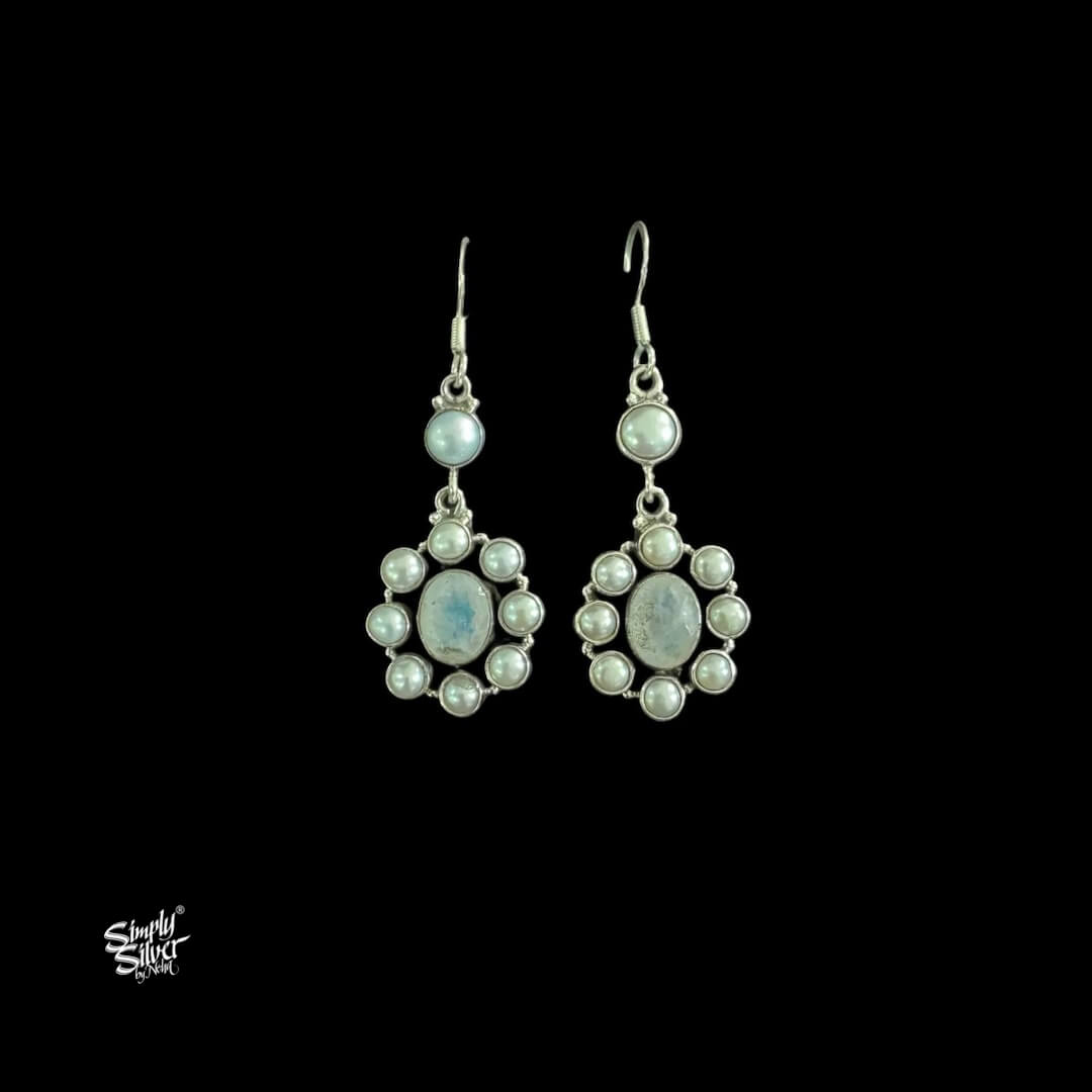 Silver Pearls Flower With Centre Labrodite Stone-1