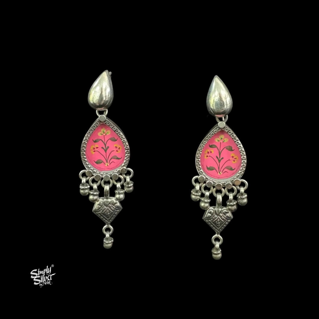 Silver Flower with Pink Color Hand Painted Glass & Ghungroos-1