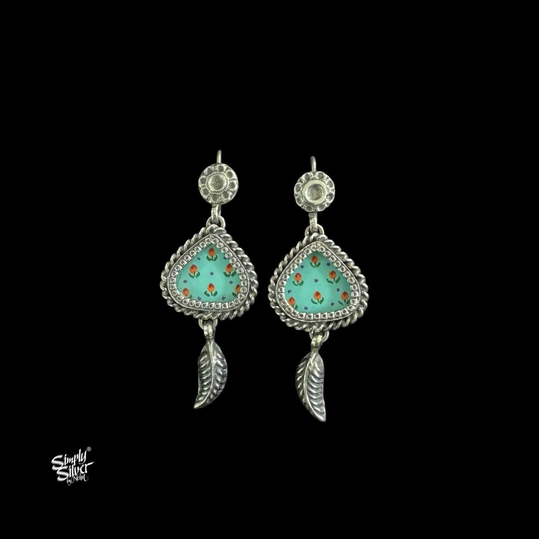 Silver Flower With Aqua Color Hand painted Glass & Leaf Dangler-1