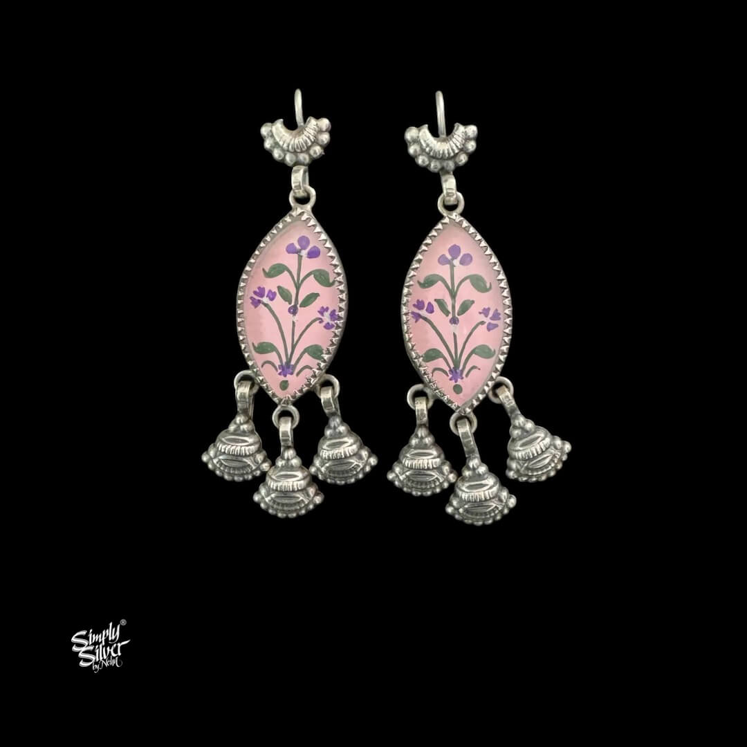 Silver Small Chaand Flower With Oval Light Pink Color Hand Painted Glass & Danglers-1