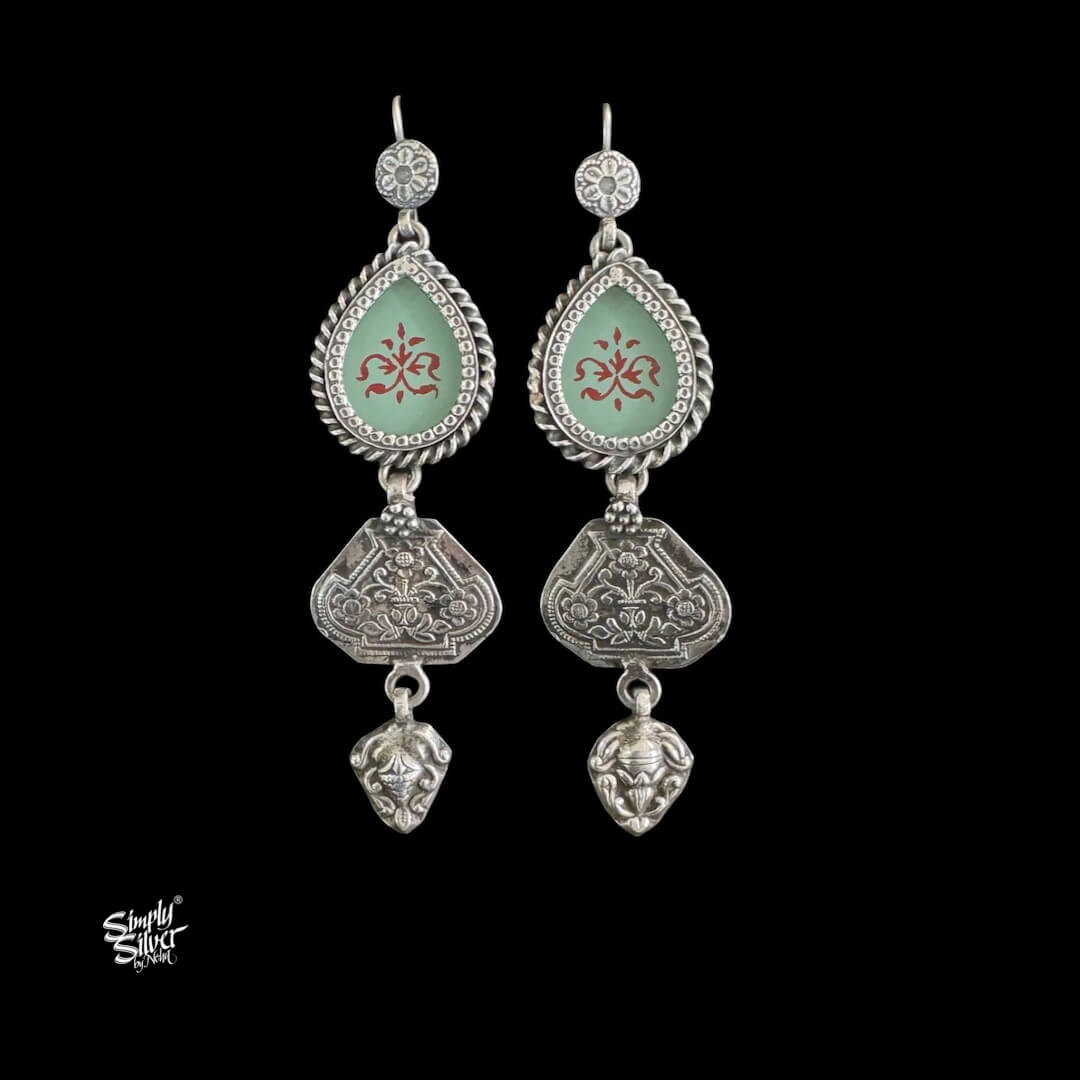 Silver Grey Green Color Hand Painted Glass with Flower Danglers-1