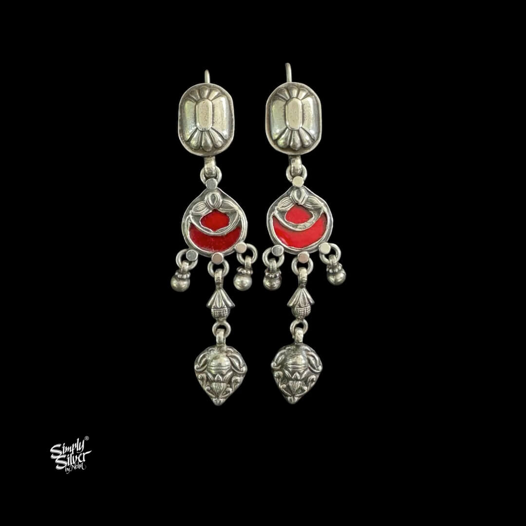 Silver Flower with Center Red Color Glass & Dangler-1