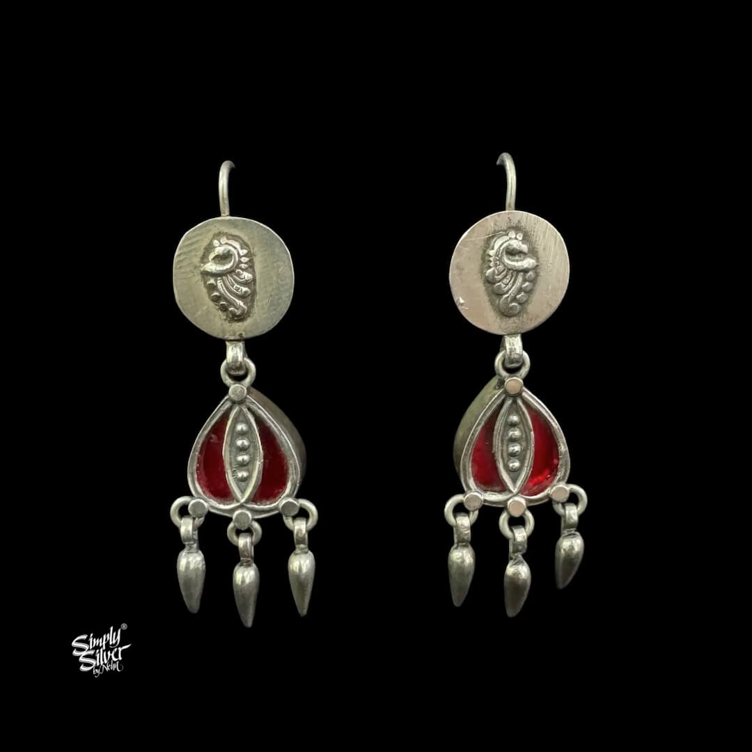 Silver Peacock Hooks with Red Color Glass & Danglers-1