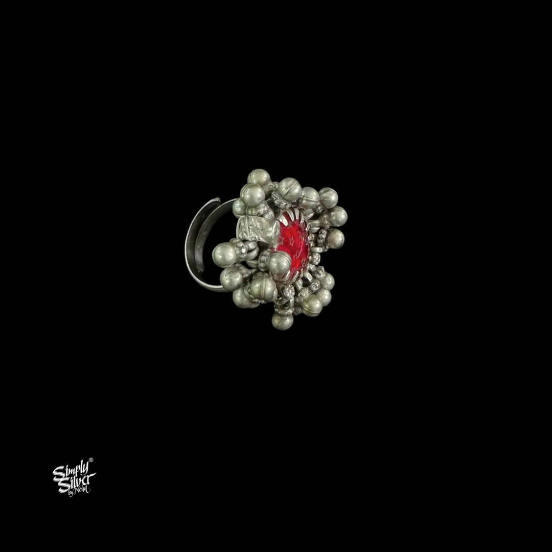 Silver Red Glass With Ghungroos Ring-2