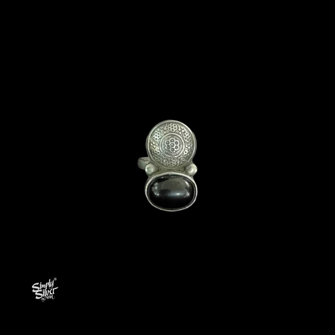 Silver Round Flower with Oval Black Color Stone Ring-1