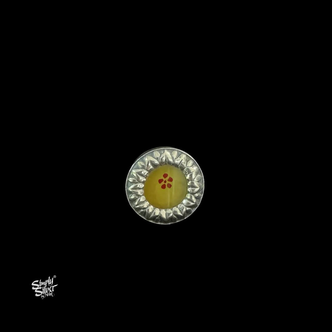Silver Round Mustard Color Glass Flower Ring-1