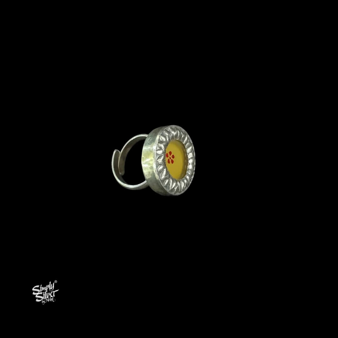 Silver Round Mustard Color Glass Flower Ring-2