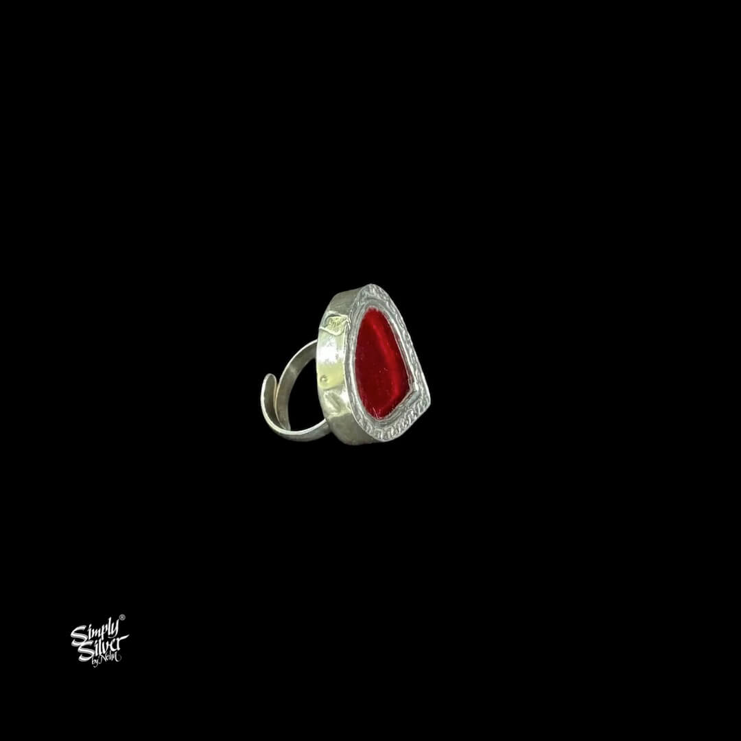 Silver Heart Shape Red Color Glass Ring-2