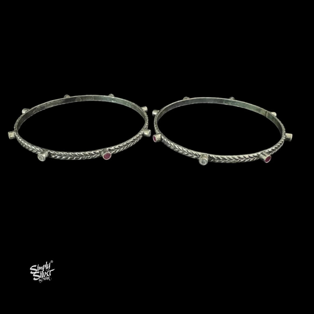 Silver AD & Pink Color Stone Bangles Pair-1