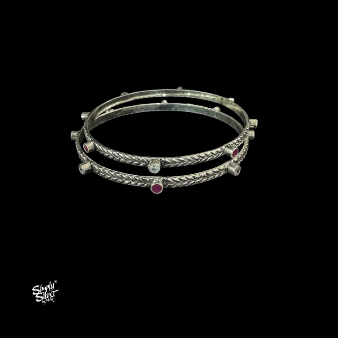 Silver AD & Pink Color Stone Bangles Pair-2