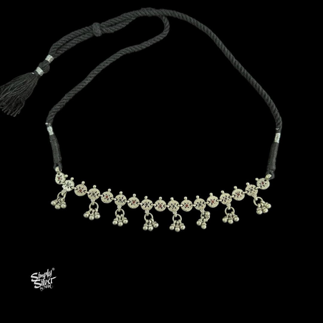 Silver Jaali Flowers & Multi Color Stone with Ghungroos Choker-1