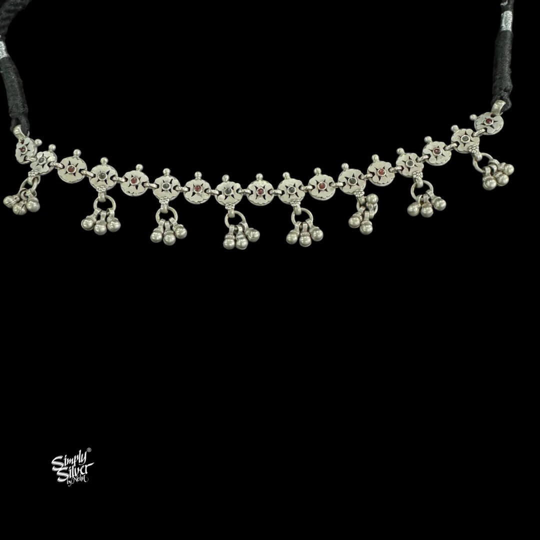 Silver Jaali Flowers & Multi Color Stone with Ghungroos Choker-2