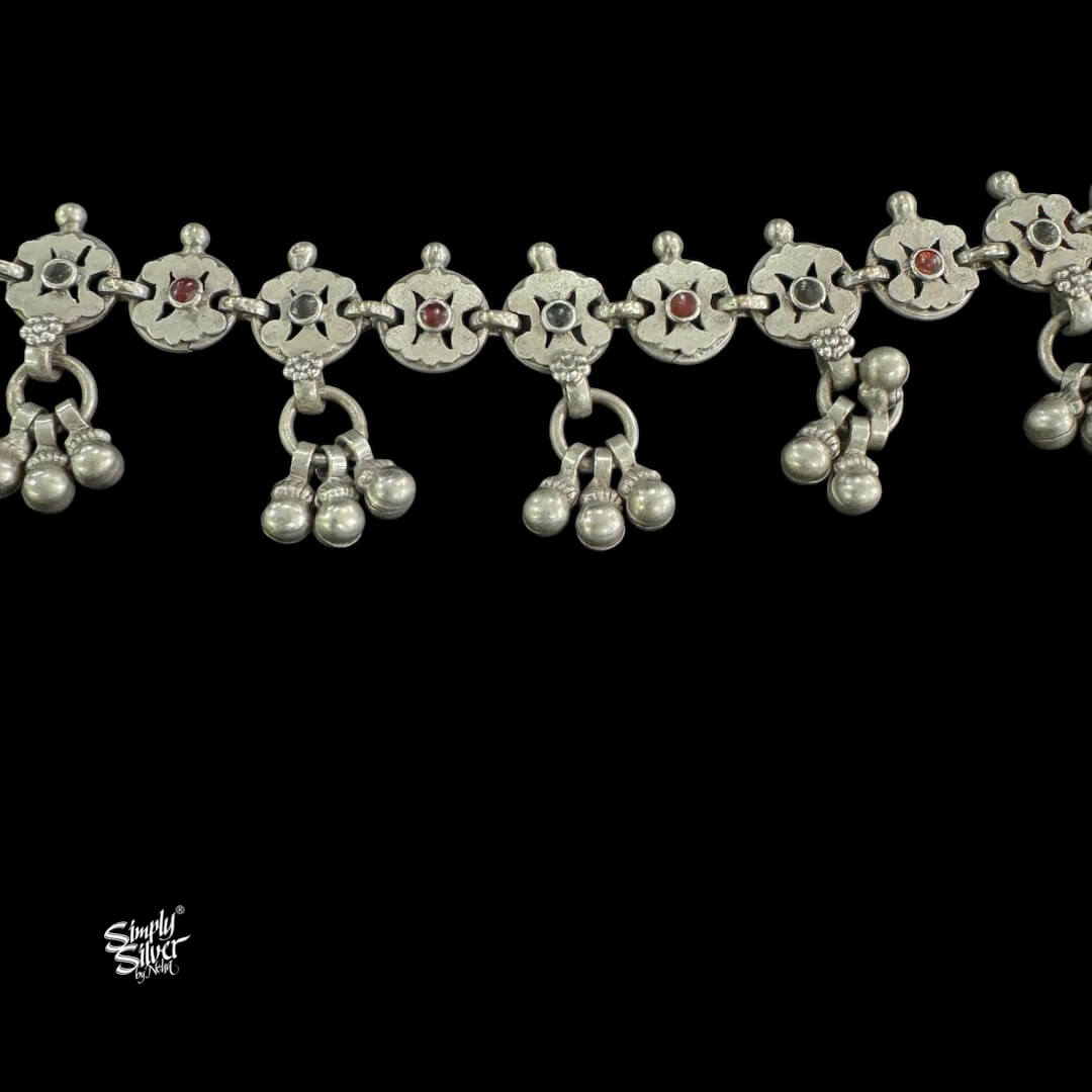 Silver Jaali Flowers & Multi Color Stone with Ghungroos Choker-3
