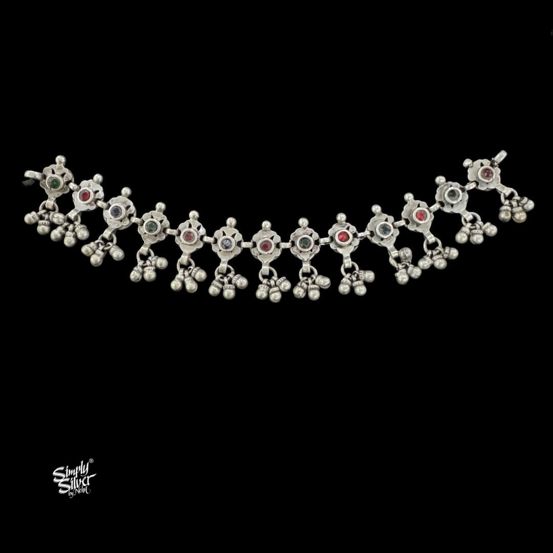 Silver Flowers with Multi Color Stone & Ghungroos Choker-3