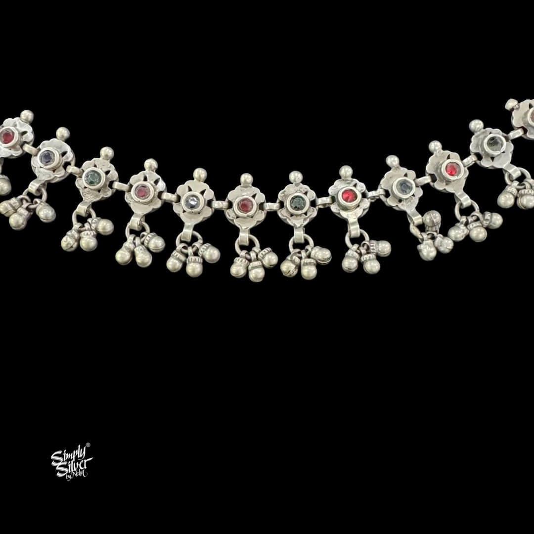 Silver Flowers with Multi Color Stone & Ghungroos Choker-4