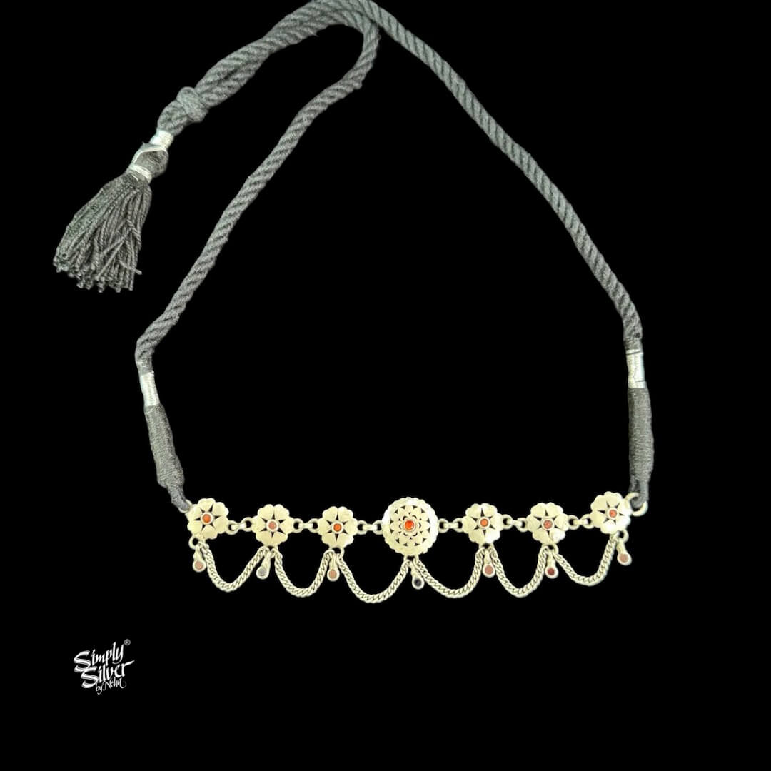 Silver Jaali Flower & Multi Color Stone Choker with Chain-1