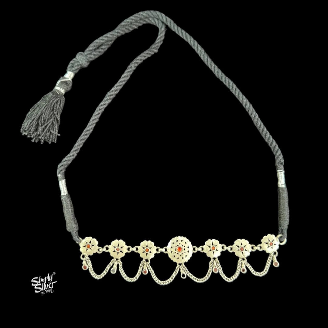Silver Jaali Flower & Multi Color Stone Choker with Chain-2