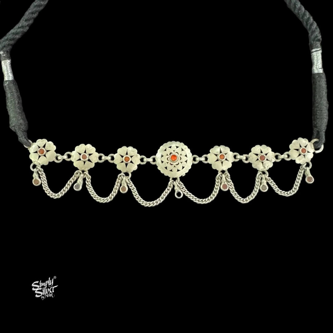 Silver Jaali Flower & Multi Color Stone Choker with Chain-3