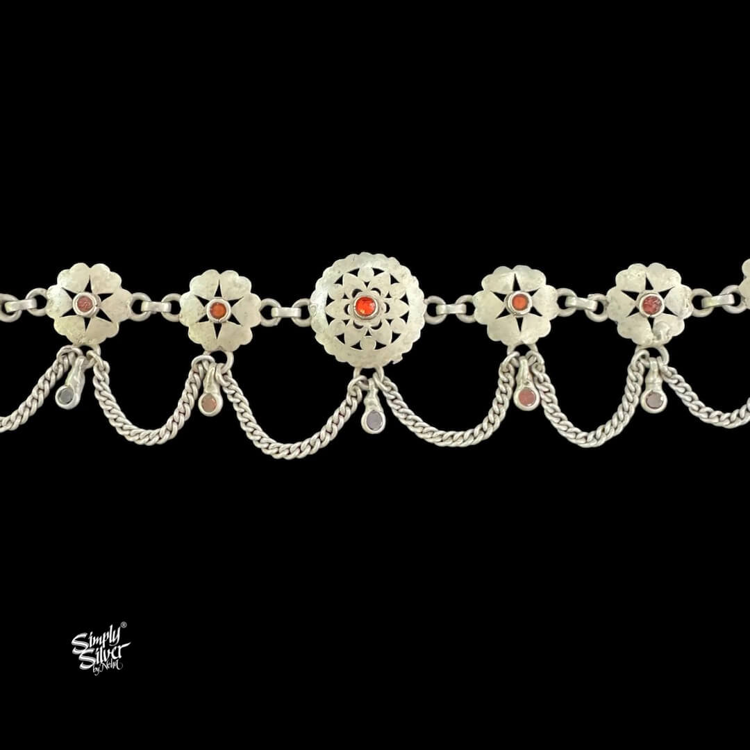 Silver Jaali Flower & Multi Color Stone Choker with Chain-4
