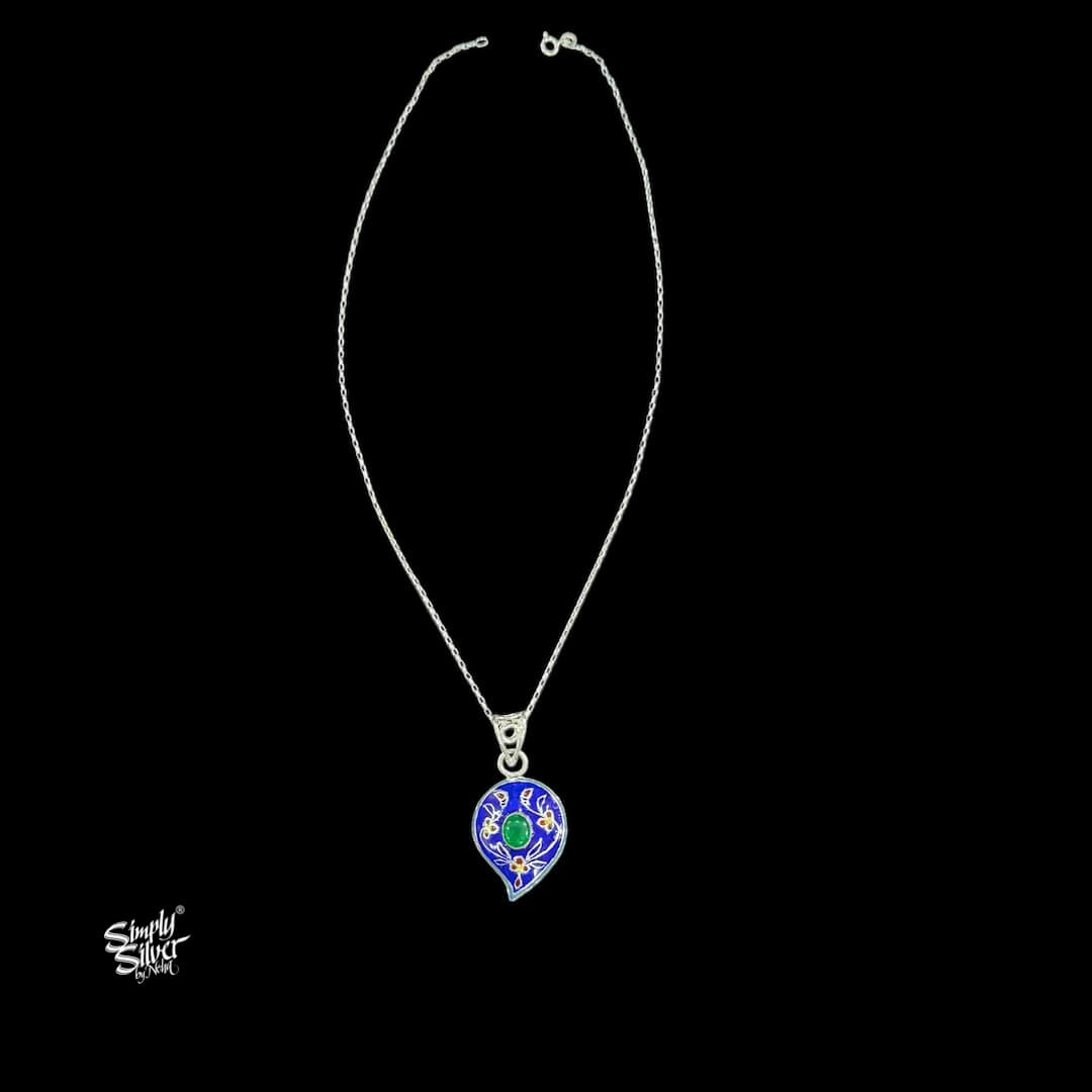 Silver Chain With Green Stone & Multi Color Meenakari Ambi Pendant-1