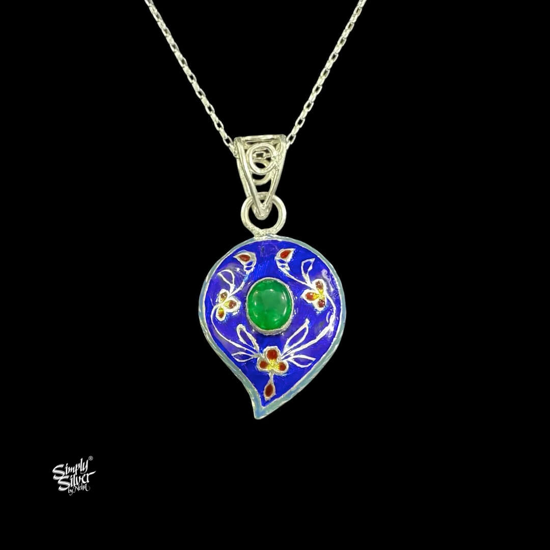 Silver Chain With Green Stone & Multi Color Meenakari Ambi Pendant-2