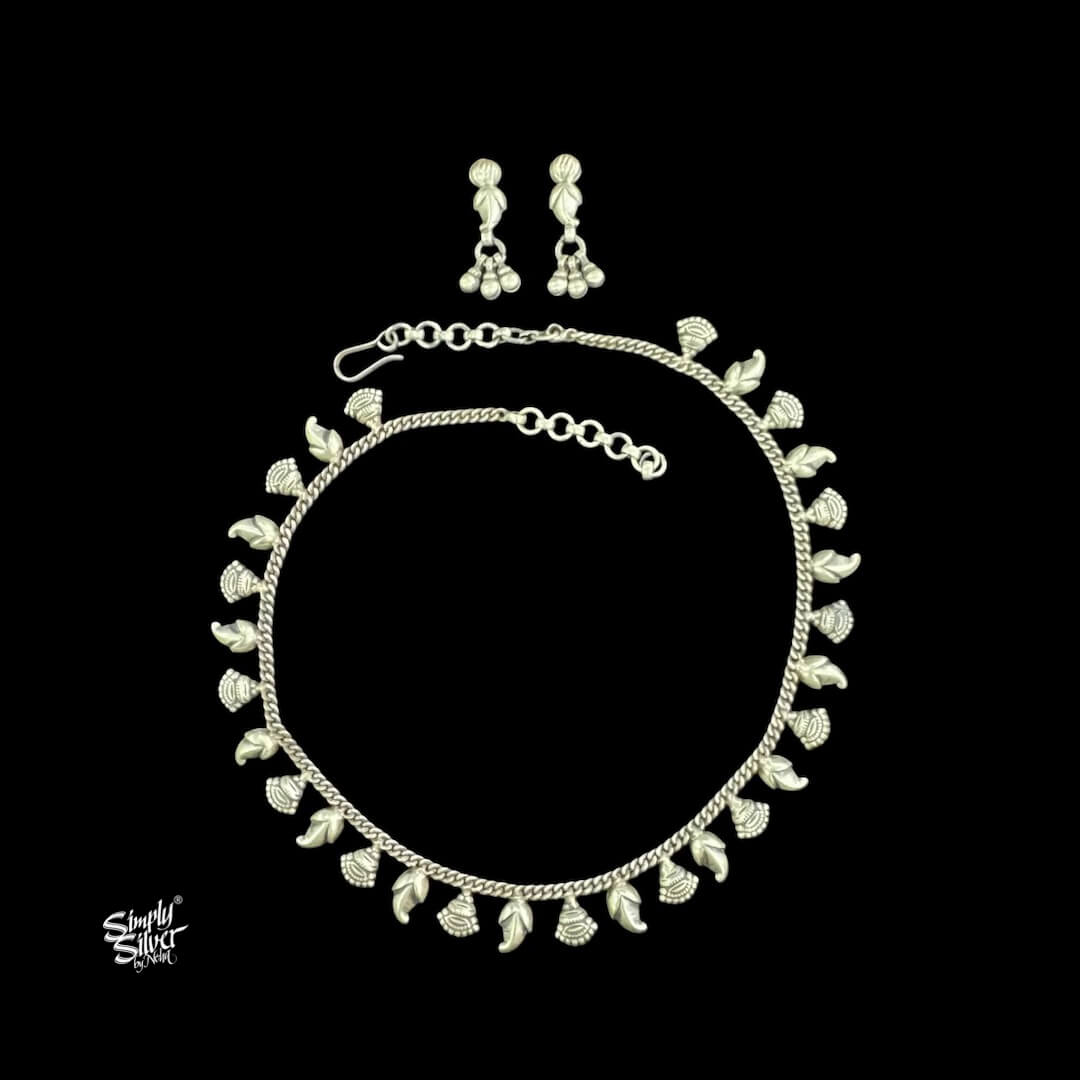 Silver Flowers & Ambi Chain Necklace Earrings Set-1