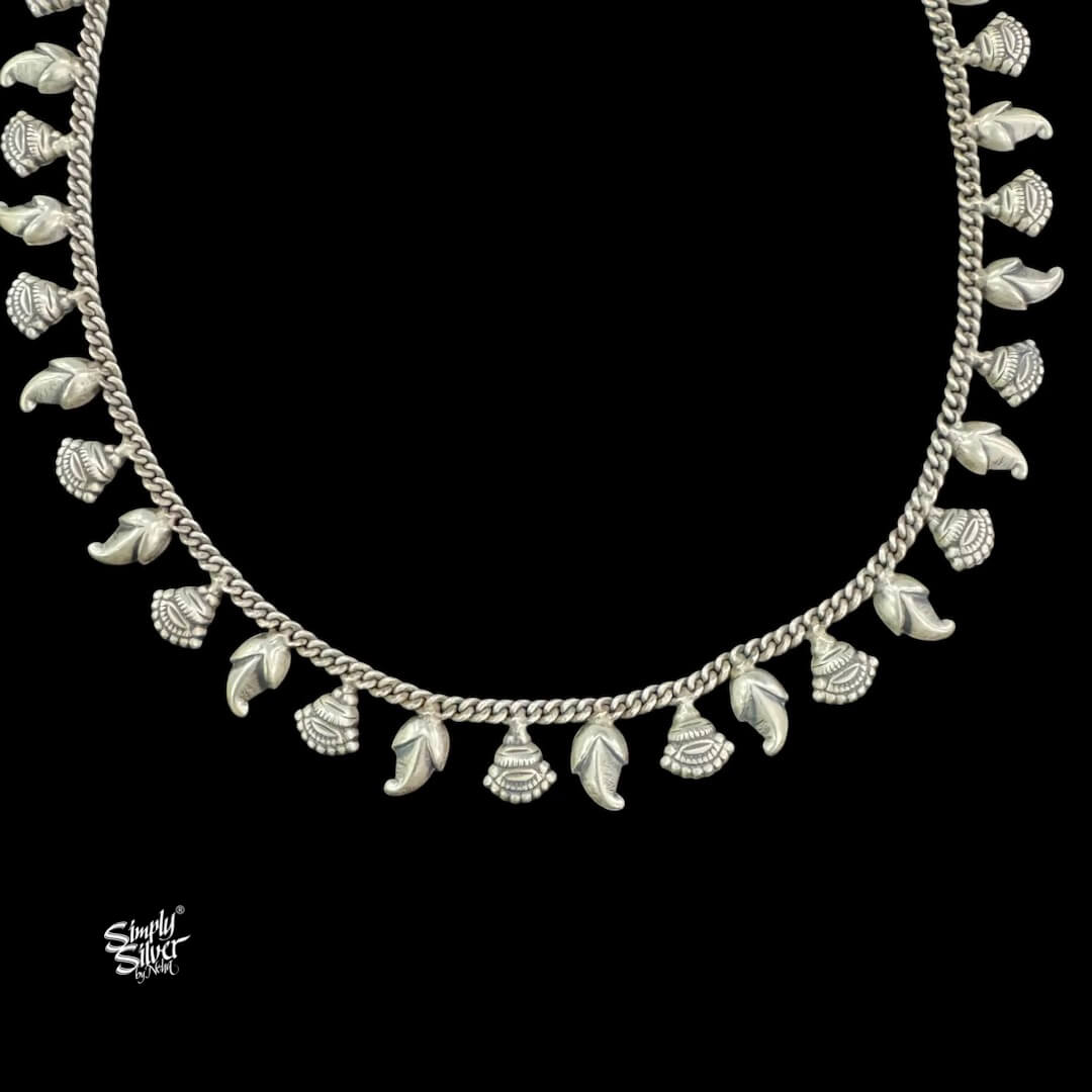 Silver Flowers & Ambi Chain Necklace Earrings Set-3