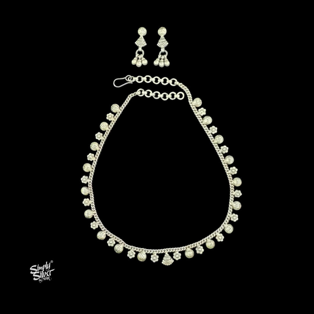 Silver Flowers & Beads Chain Necklace Earrings Set-1
