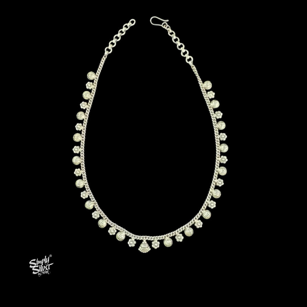 Silver Flowers & Beads Chain Necklace Earrings Set-2