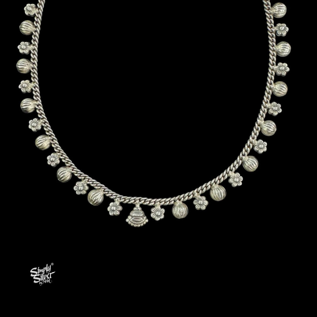 Silver Flowers & Beads Chain Necklace Earrings Set-3