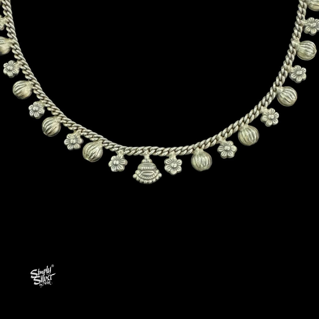 Silver Flowers & Beads Chain Necklace Earrings Set-4