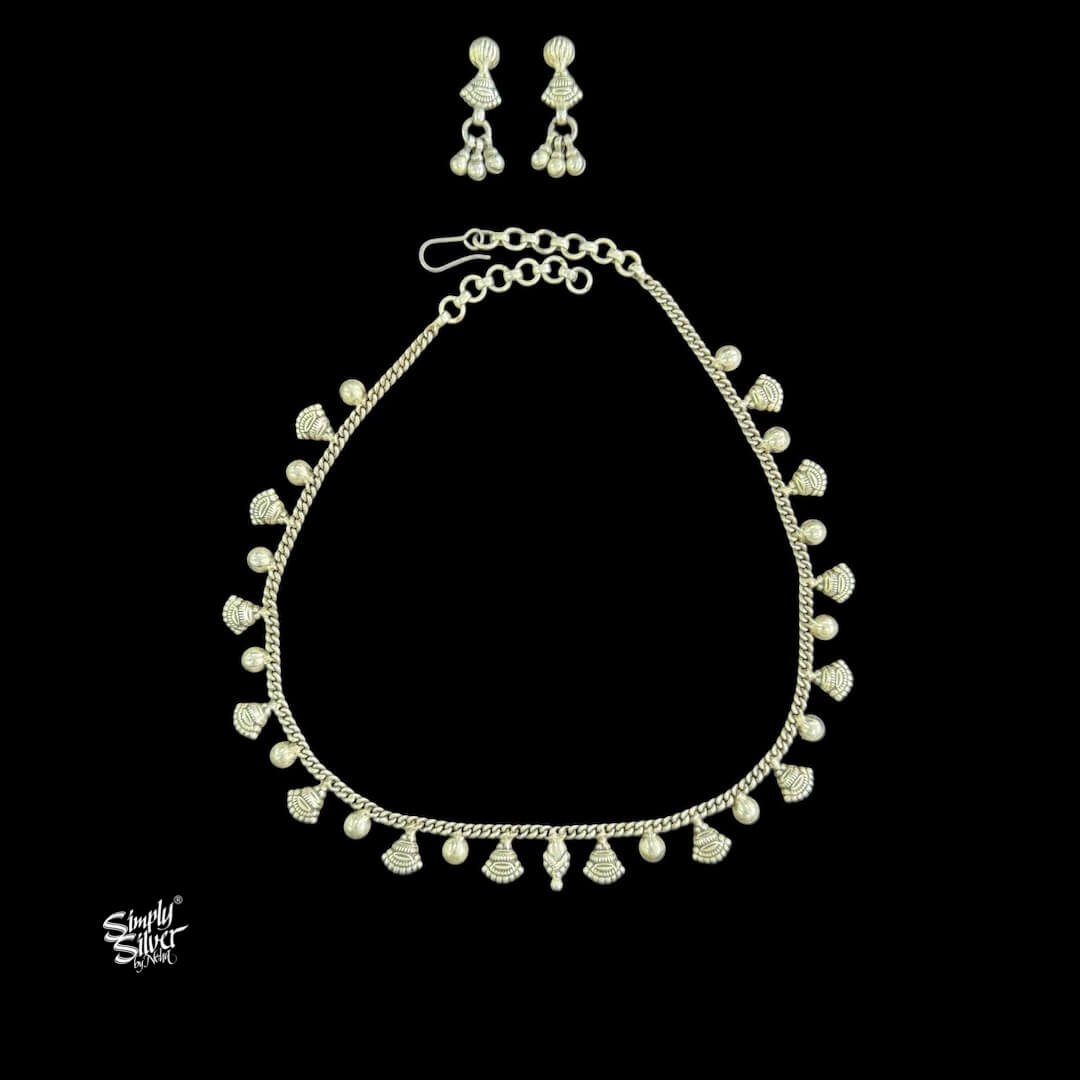 Silver Flowers & Balls Chain Necklace Earrings Set-1