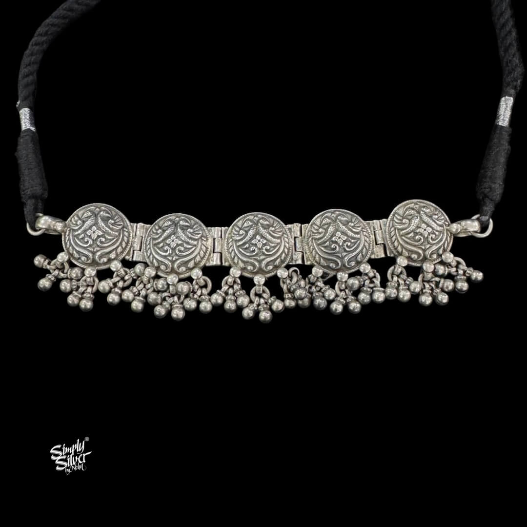 Silver Statement Peacocks Flower & Ghungroos Choker-2