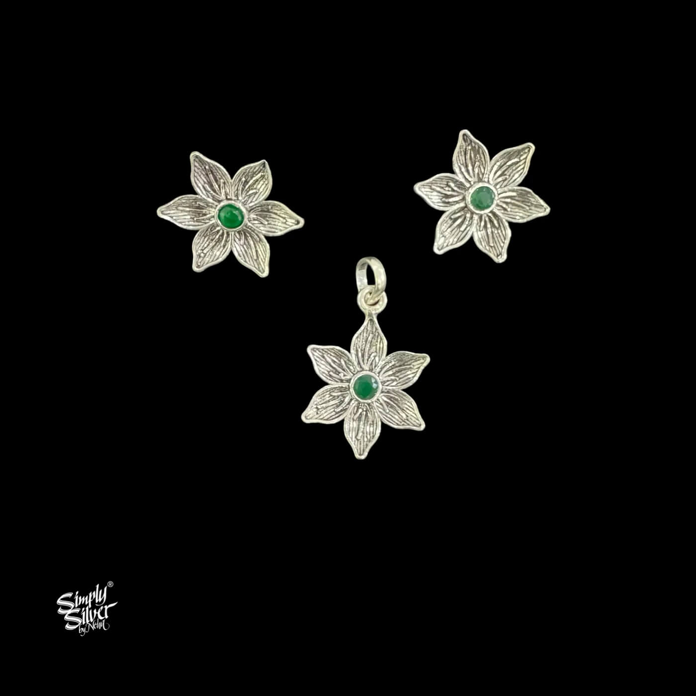 Silver Flower With Green Stone Pendant & Earrings Set-1