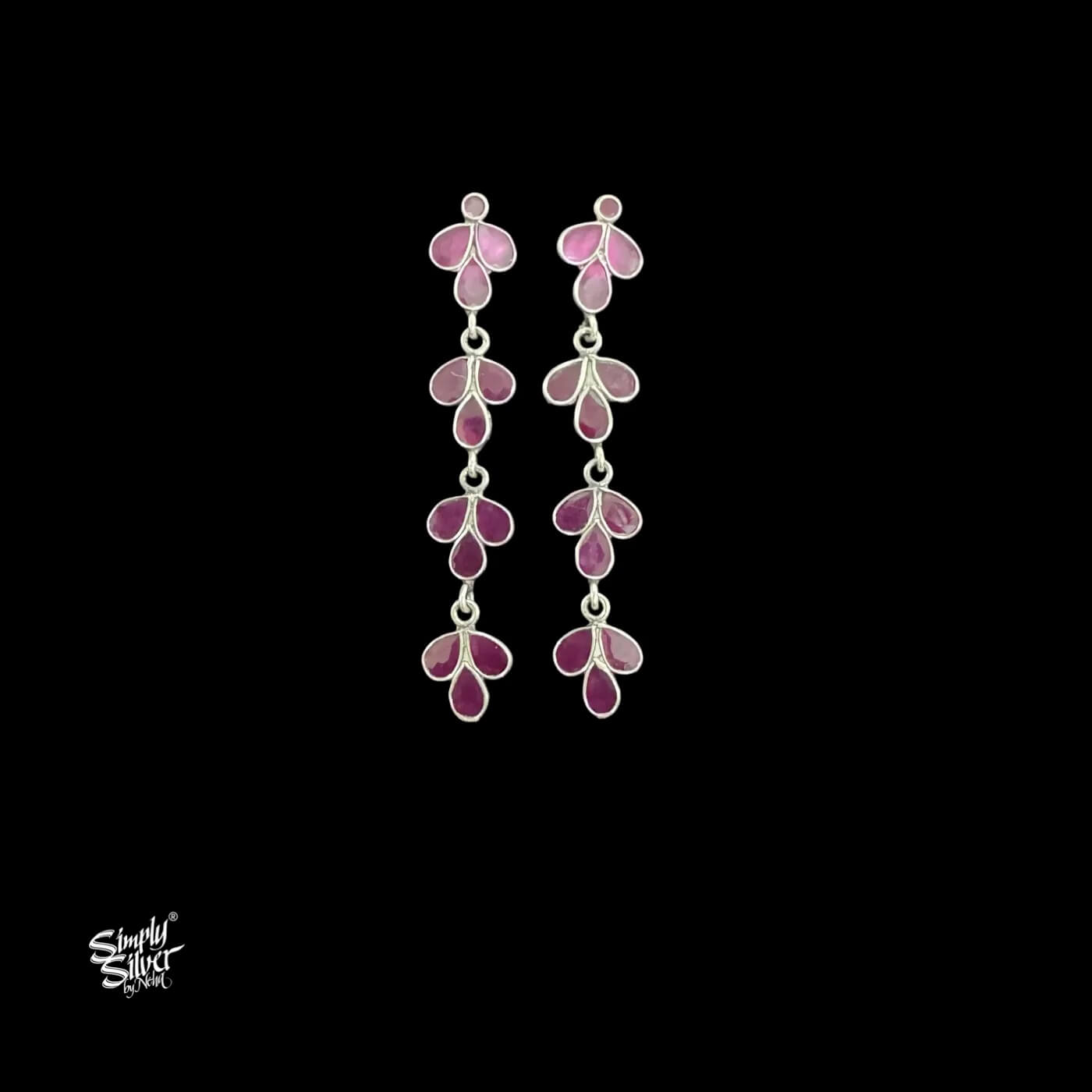 Pink Stone Leaf Setting in Silver Long Earrings-1