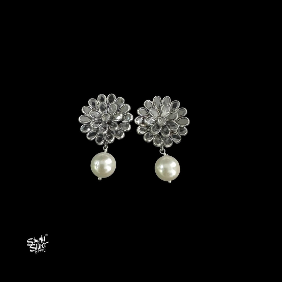 Silver Polki Setting Flower with Pearl Dangler-1