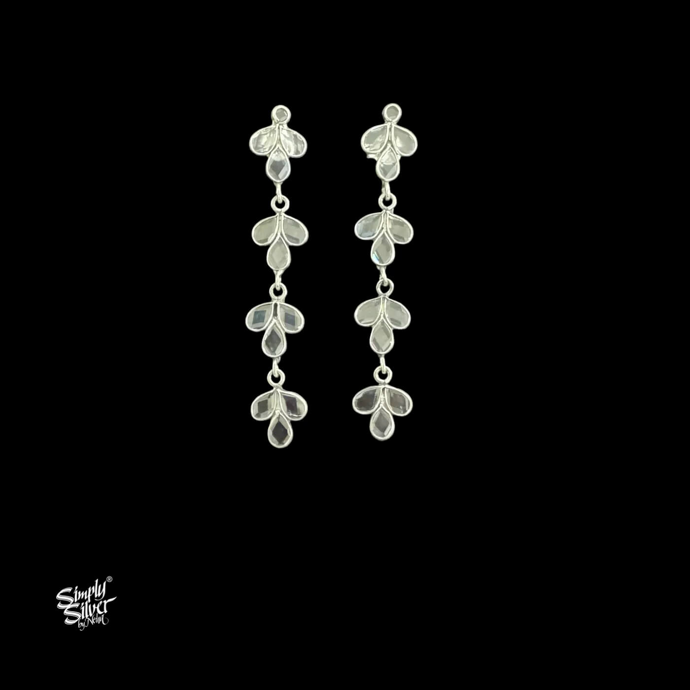 Clear Stone Leaf Silver Long Earring-1