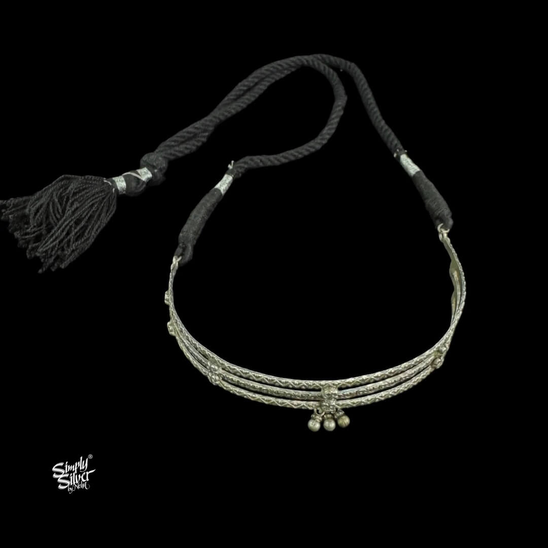 Silver 3 Floral Strip with Ghungroos Choker-1