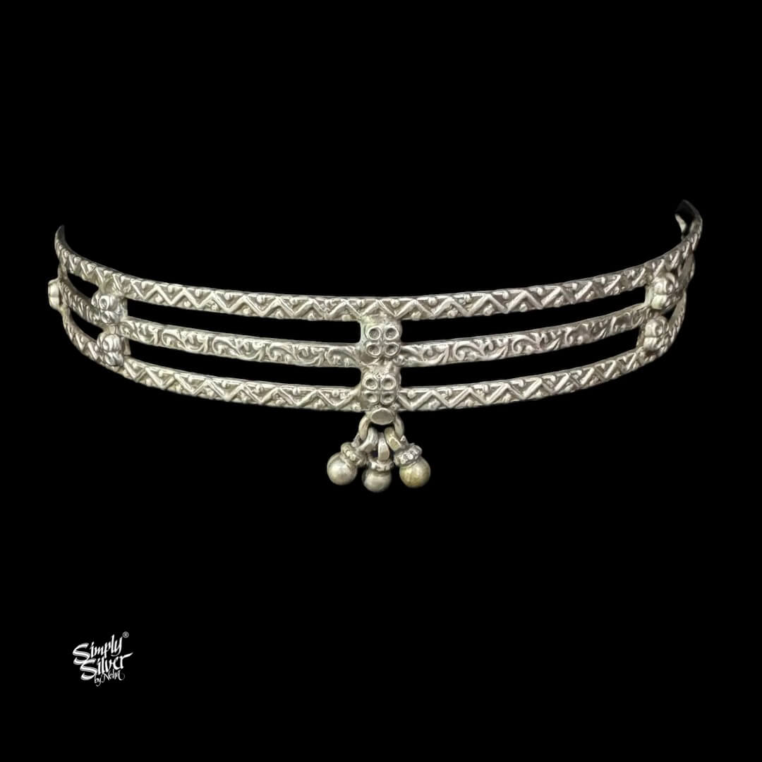 Silver 3 Floral Strip with Ghungroos Choker-2