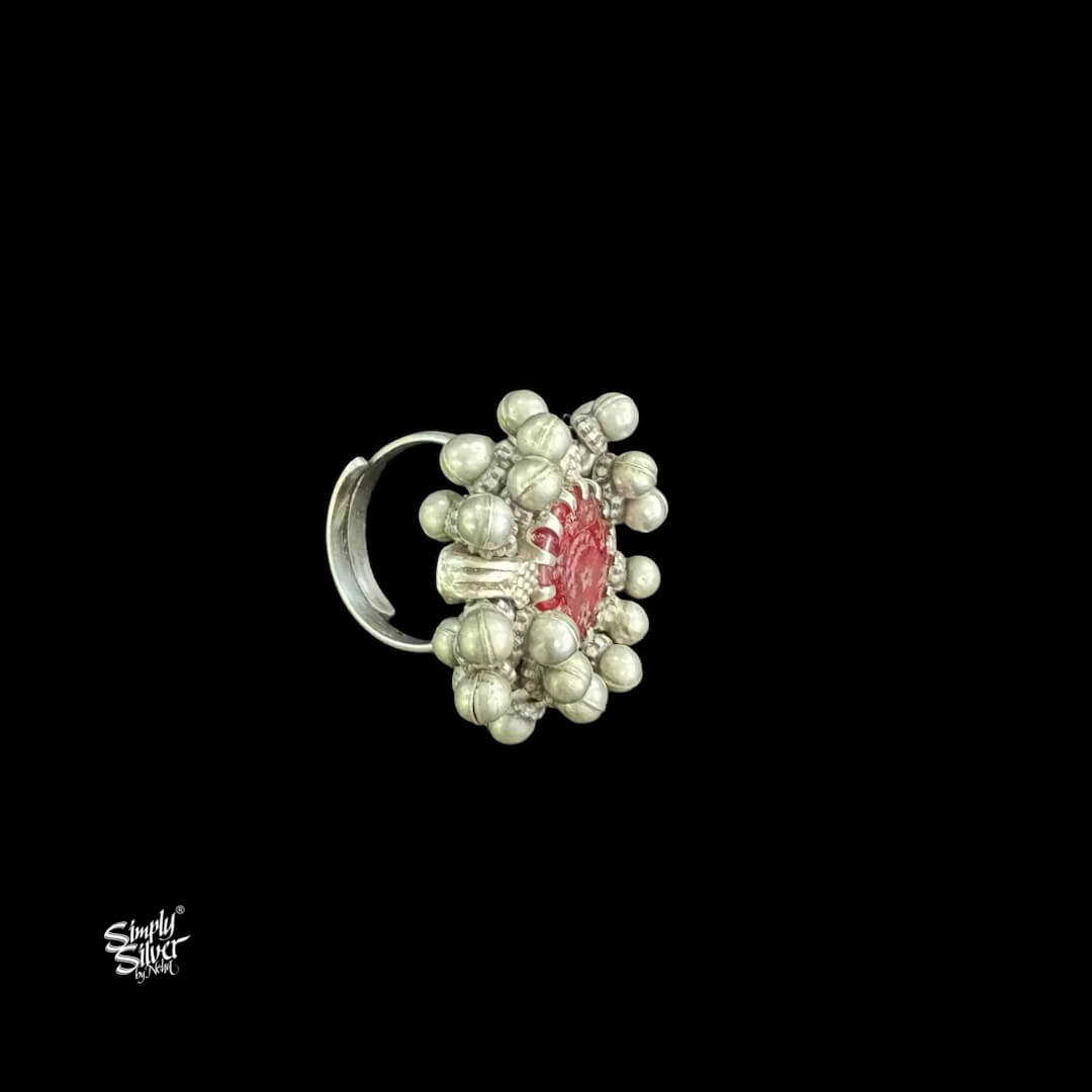 Silver Red Glass With Ghungroos Ring-2