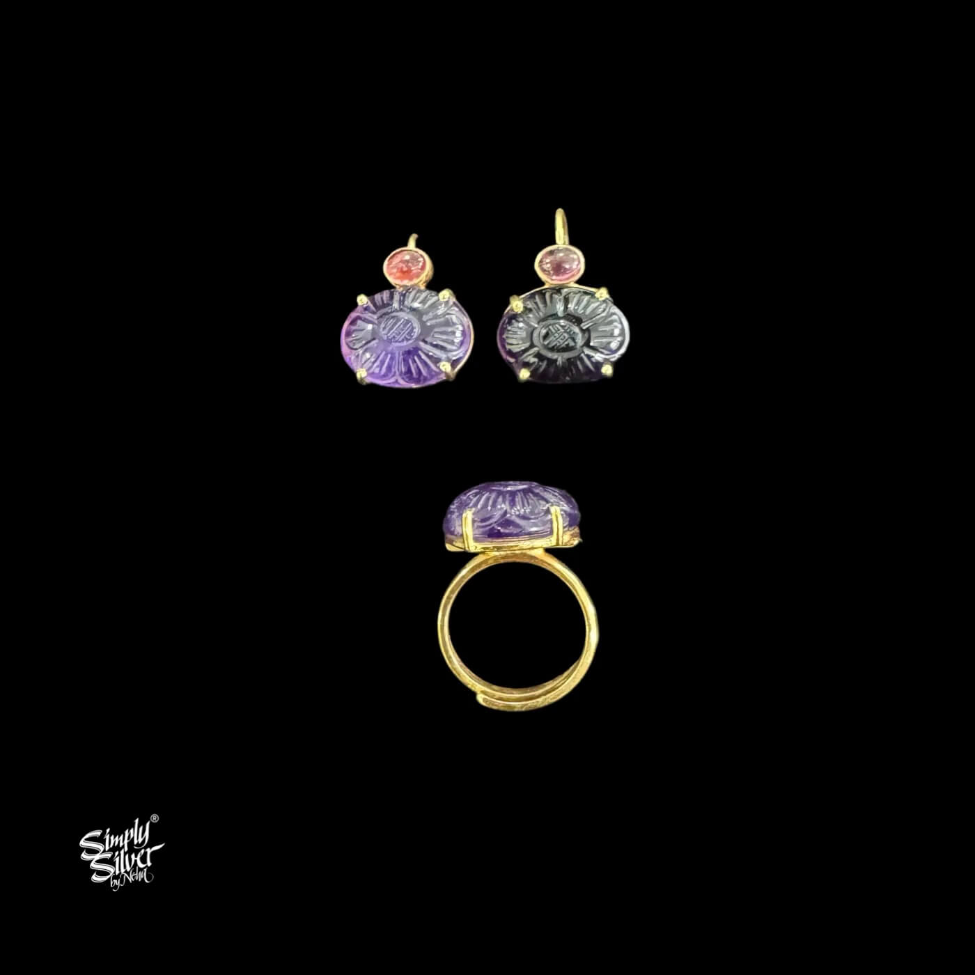 Silver Gold Plated Tourmaline & Amethyst Stone Ring with Earrings Set-1