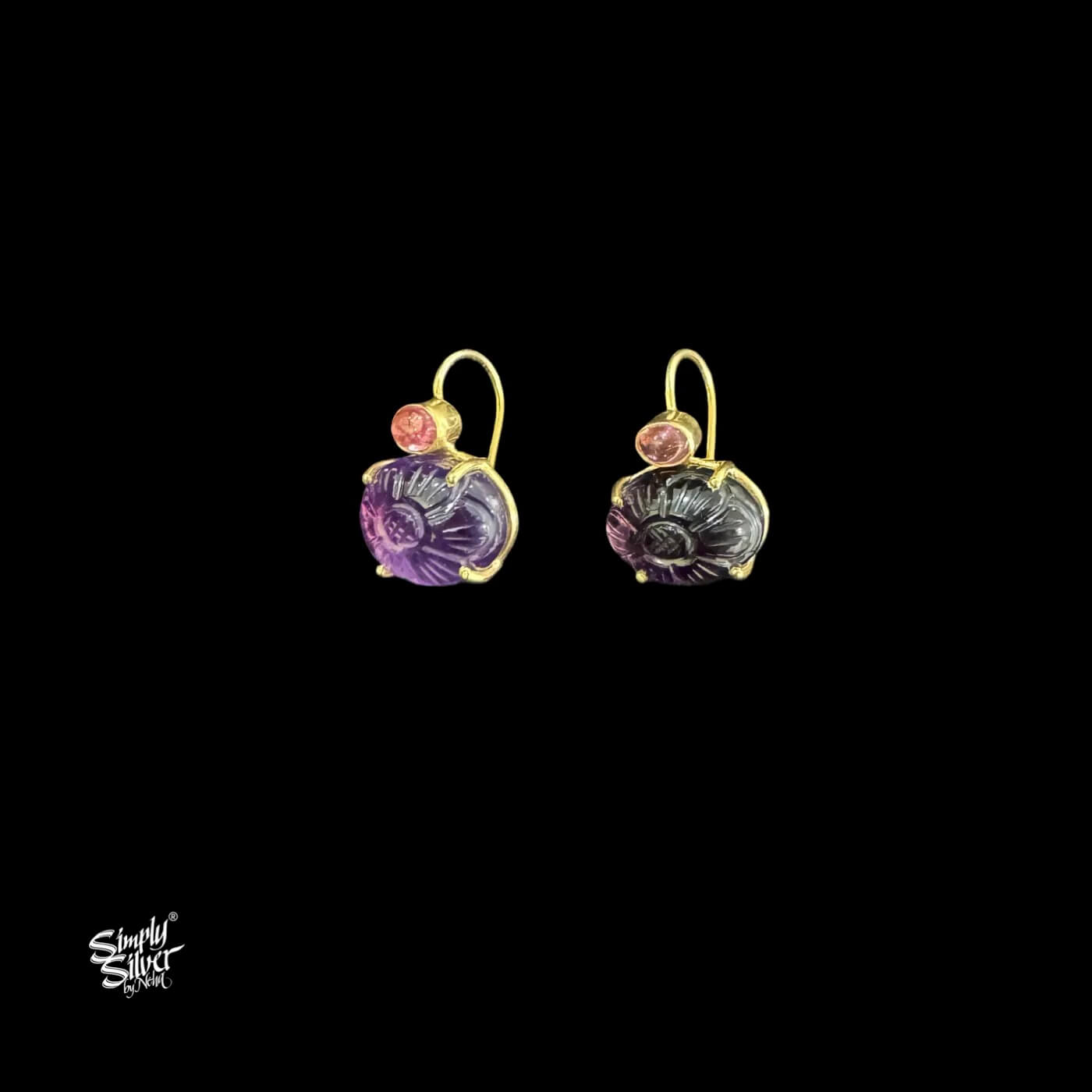 Silver Gold Plated Tourmaline & Amethyst Stone Ring with Earrings Set-2