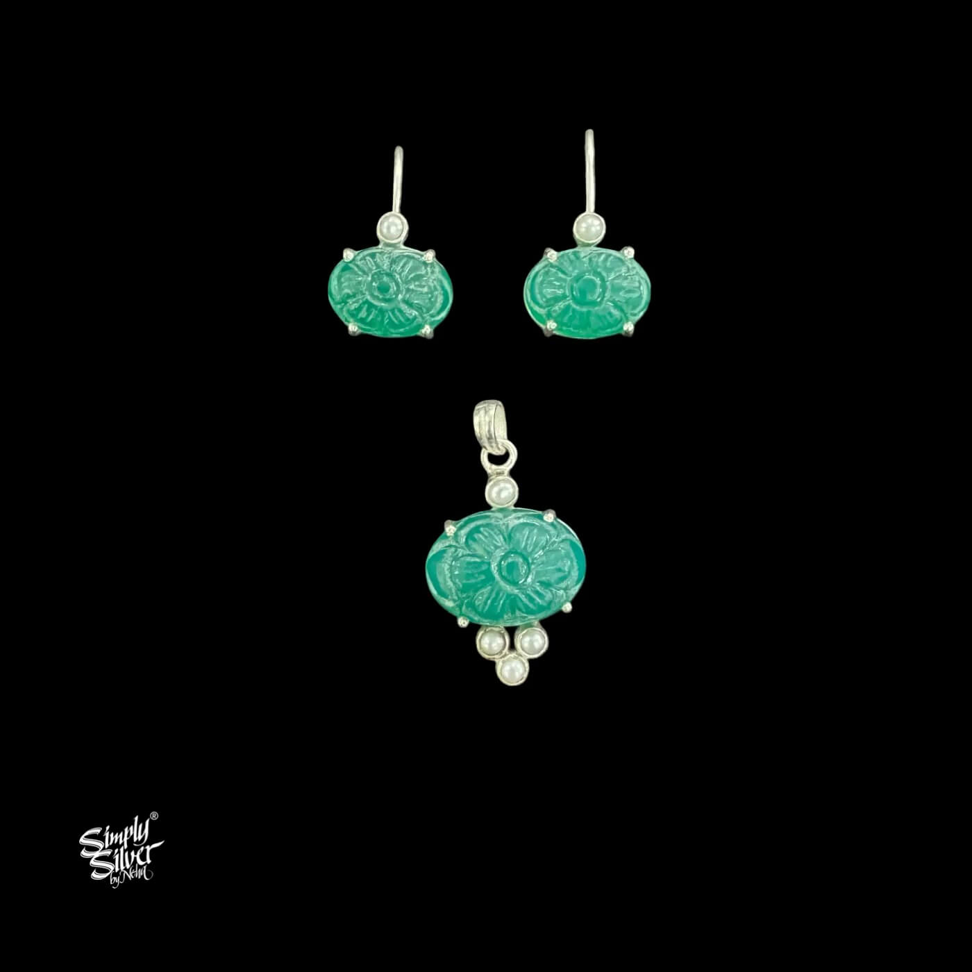 Silver Pearl & Green Onyx Stone Pendant with Earrings Set -1
