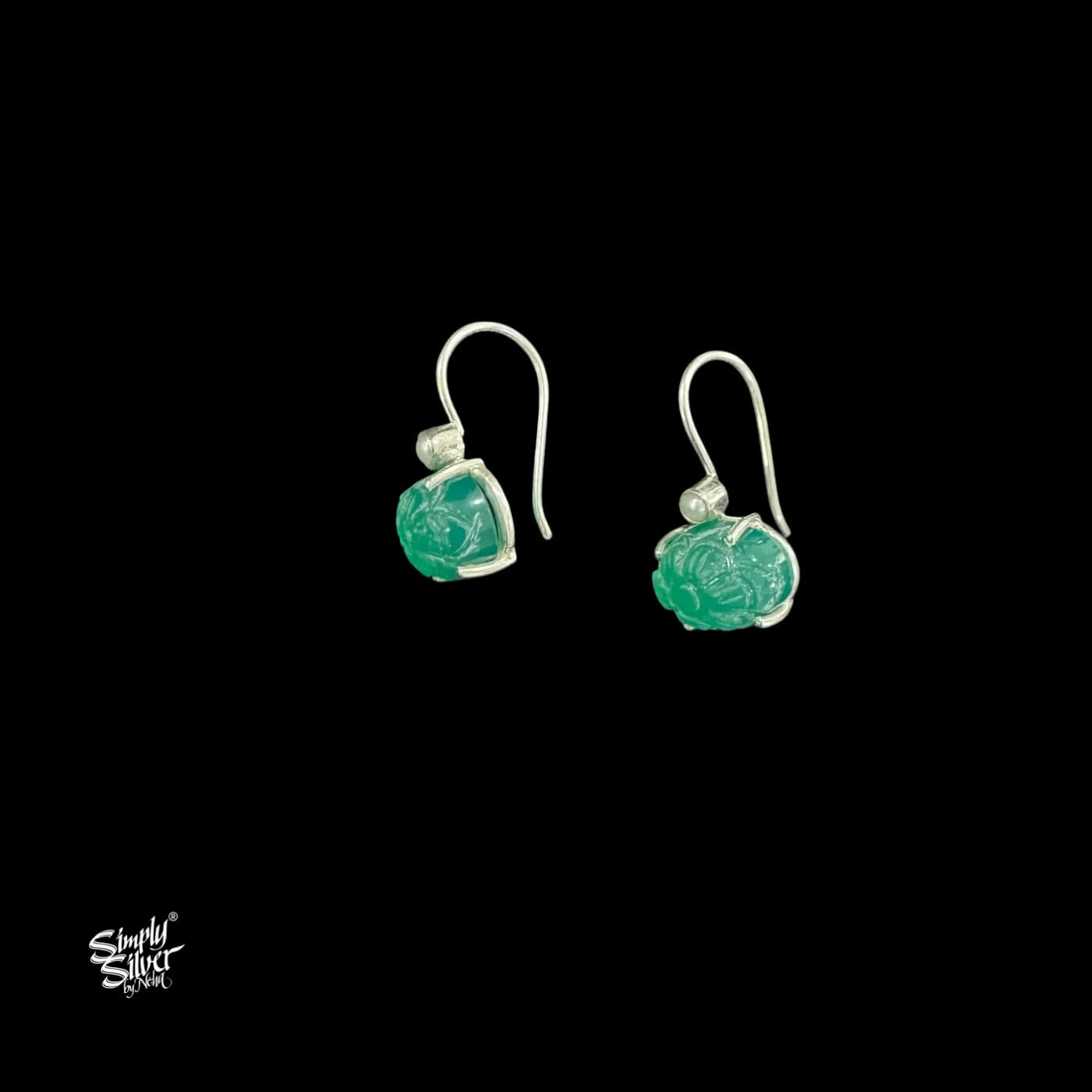 Silver Pearl & Green Onyx Stone Pendant with Earrings Set -3